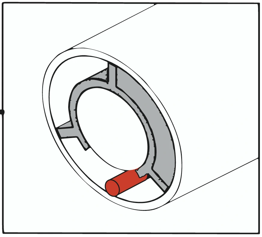 Przekrój rury o dwóch ścianach i kabel sensorowy (zaznaczony na czerwono).